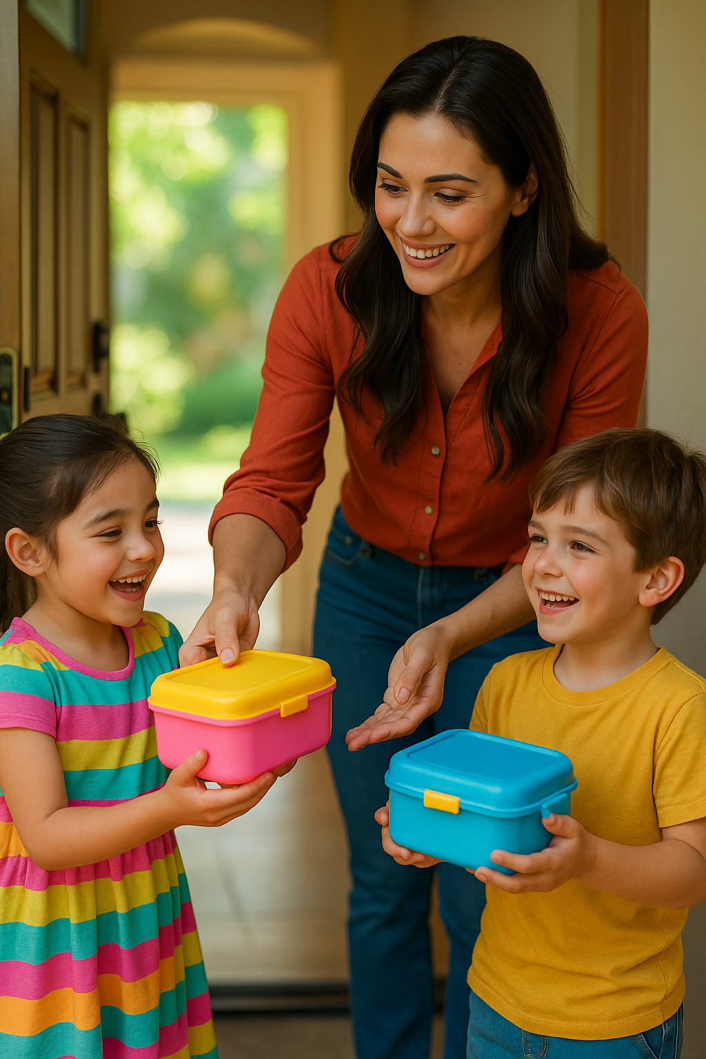 Mãe entregando lancheiras coloridas aos filhos