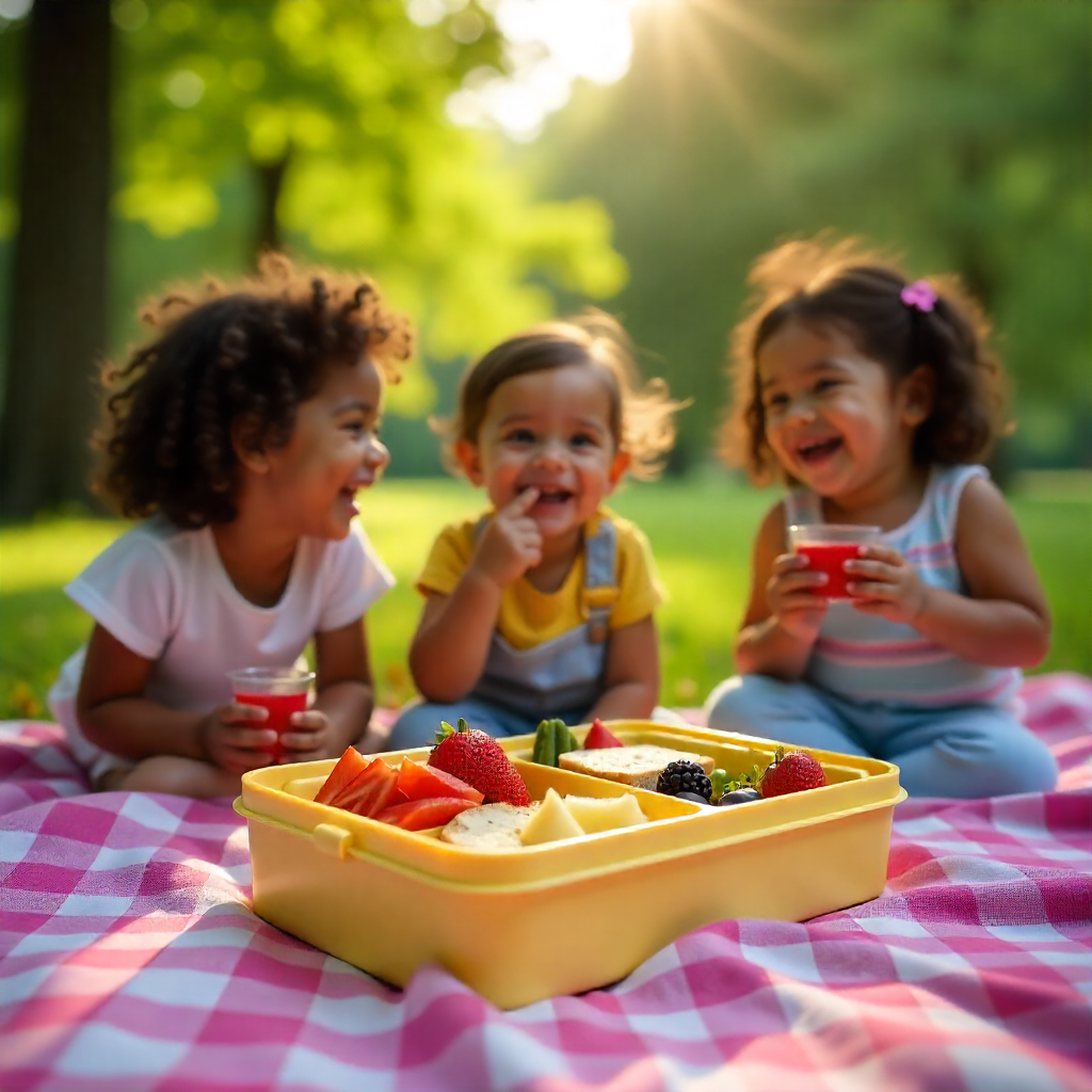 Crianças felizes com lancheiras no piquenique – plano básico